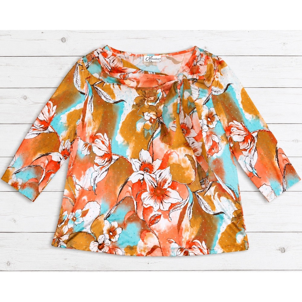 Dressbarn Woman Floral Tie Neck Blouse Rhinestone Accents Boho Chic Orange XL